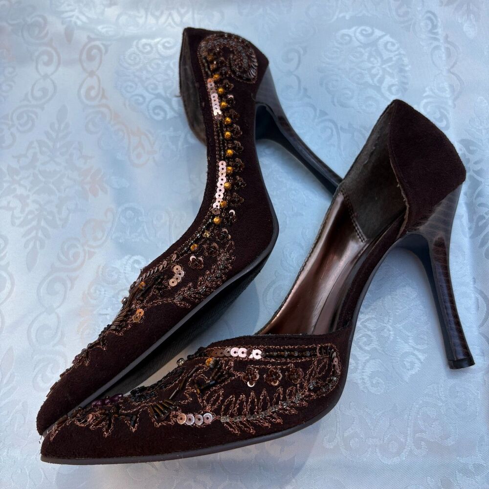 Vintage Y2K Anne Michelle Heels Beaded Sequin Brown Faux Suede Pump Size 8.5